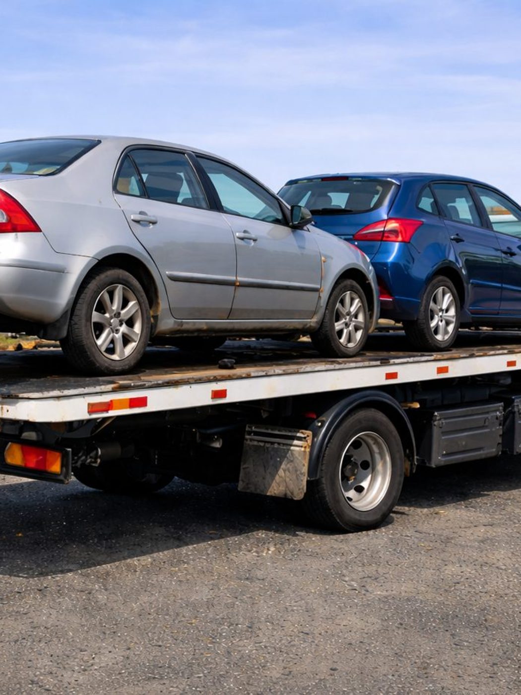 Toyota sedan loaded on a Hino flatbed tow truck in Auckland